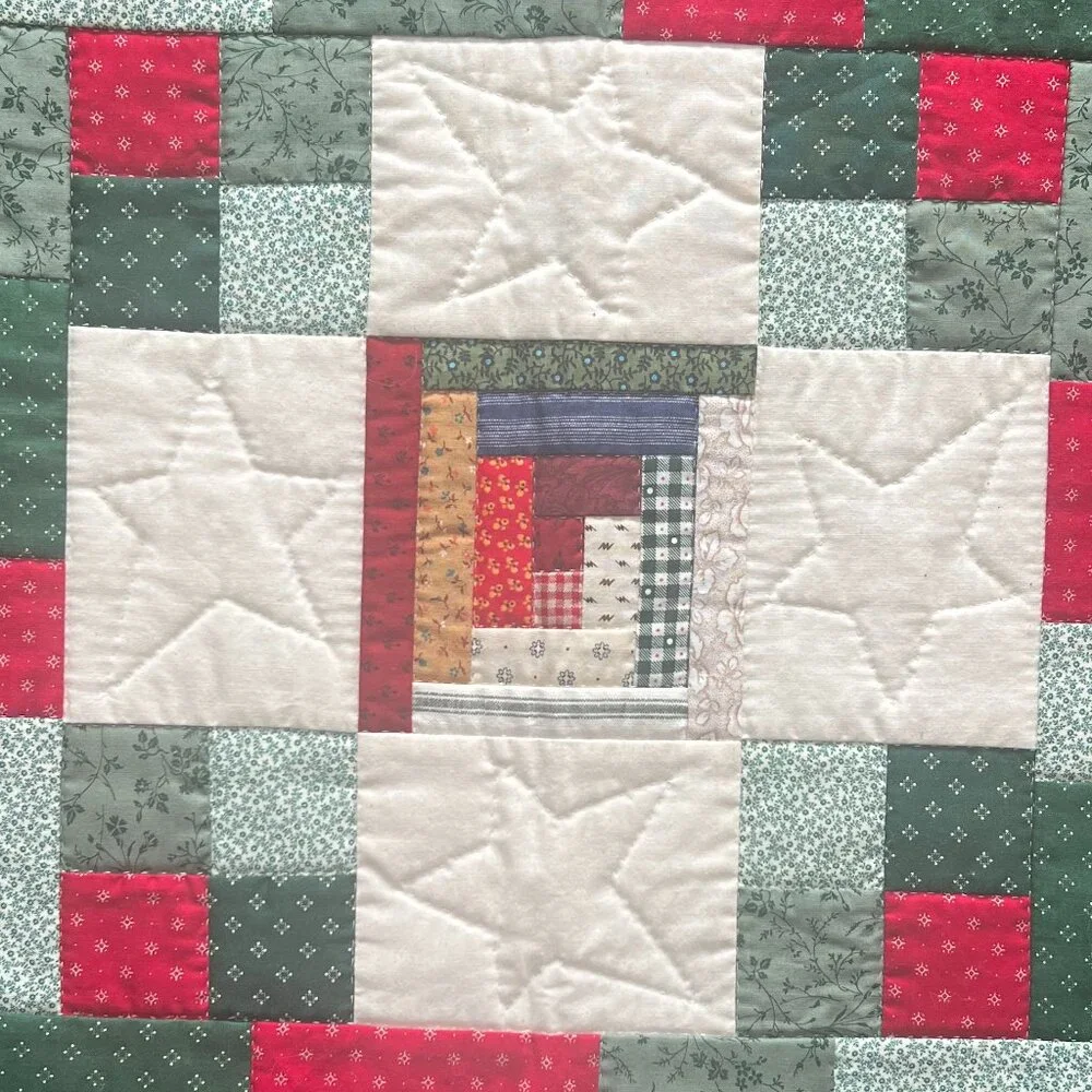Handcrafted Hand Stitched Quilted Patchwork Log Cabin White Stars Table Topper